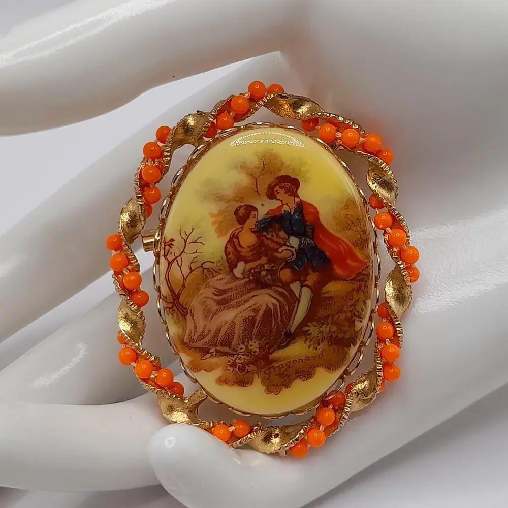 Vintage Romantic Scene Fragonard Style Brooch, Orange Bead Gold Frame, 2 Inches